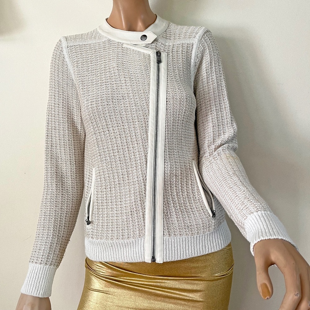 Club Monaco Illuminada moto cream cardigan zipper sweater leather trim, S